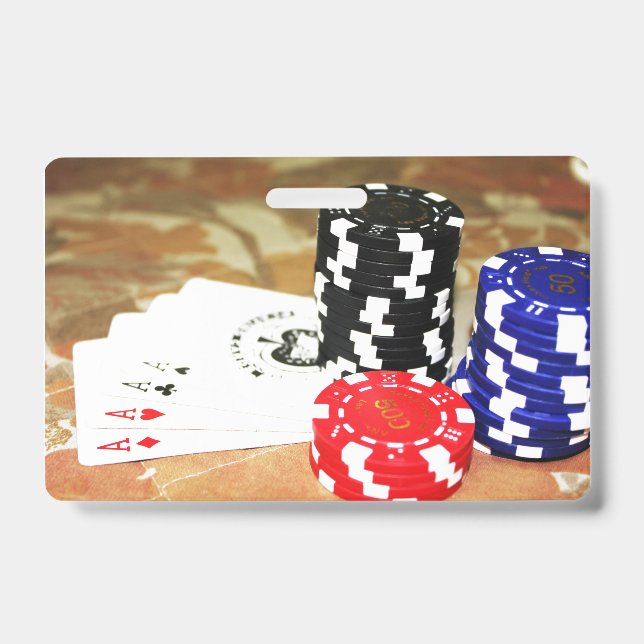 Poker Cards Aces Chips Gambling Casino Win Game ID Badge (Front)