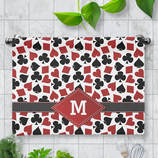 Poker Casino Suit Pattern Monogram Tea Towel (Creator Uploaded)