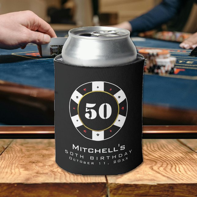Poker Chip 50th Birthday Party Black Can Cooler (Poker Chip 50th Birthday Party Can Cooler
)