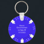 Poker Chip Casino Themed Wedding Favour Key Ring<br><div class="desc">Las Vegas casino gambling themed wedding groomsman key chain gift done in a blue and white poker chip look.  Personalise all the text fields  to suit your  wedding needs.  Matching products are available.</div>