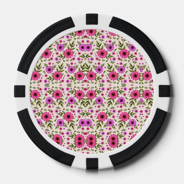 Poker chips with a vibrant pink floral pattern  (Front)