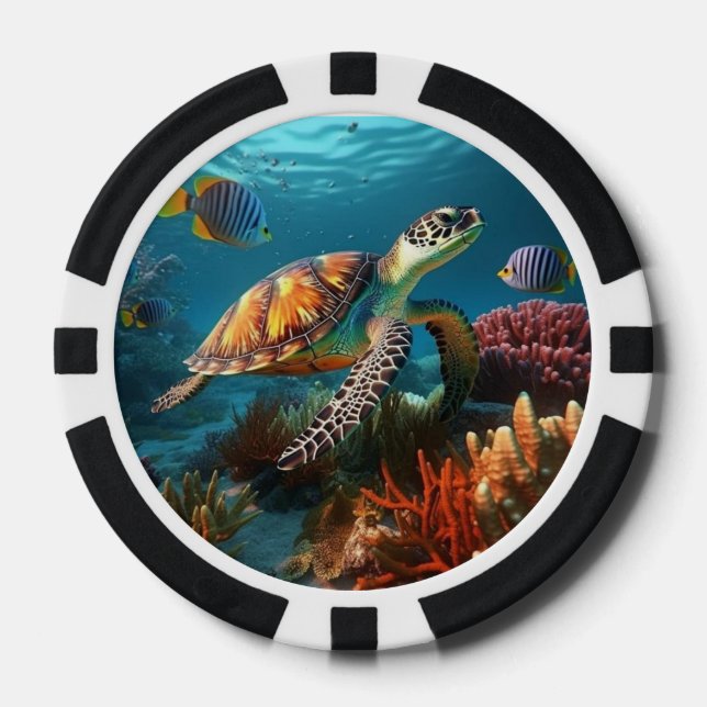 Poker Chips with Undersea Turtle & Fish Ocean (Front)