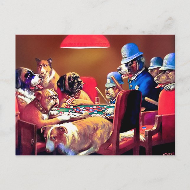 Poker Dogs: Pinched with Four Aces Postcard (Front)