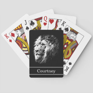 Poker Face Lion with Name on Black Playing Cards