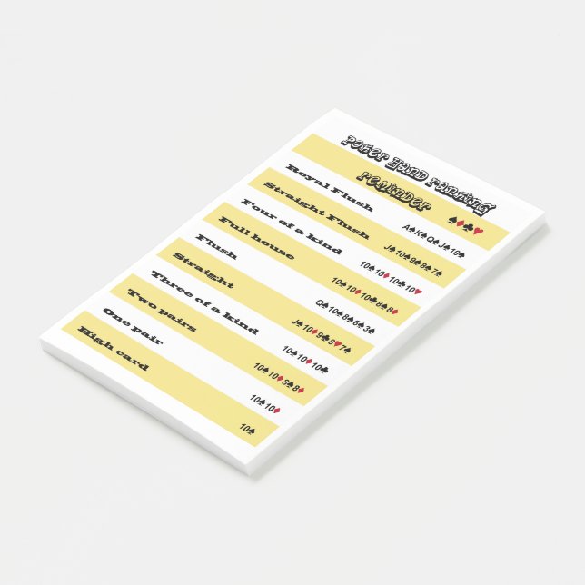 Poker Hand Ranking Reminder with Yellow Stripes Post-it Notes (Angled)
