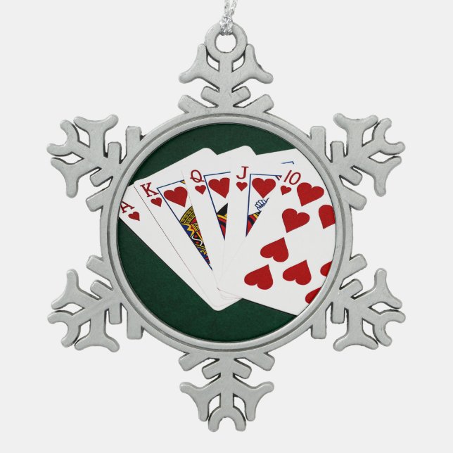 Poker Hands - Royal Flush - Hearts Suit Snowflake Pewter Christmas Ornament (Front)