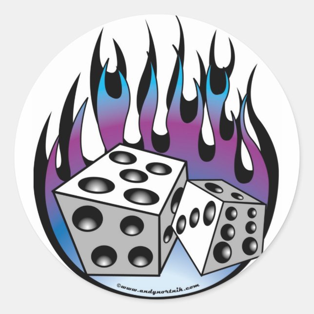 Poker Lucky 7 Dice And Flames Classic Round Sticker (Front)