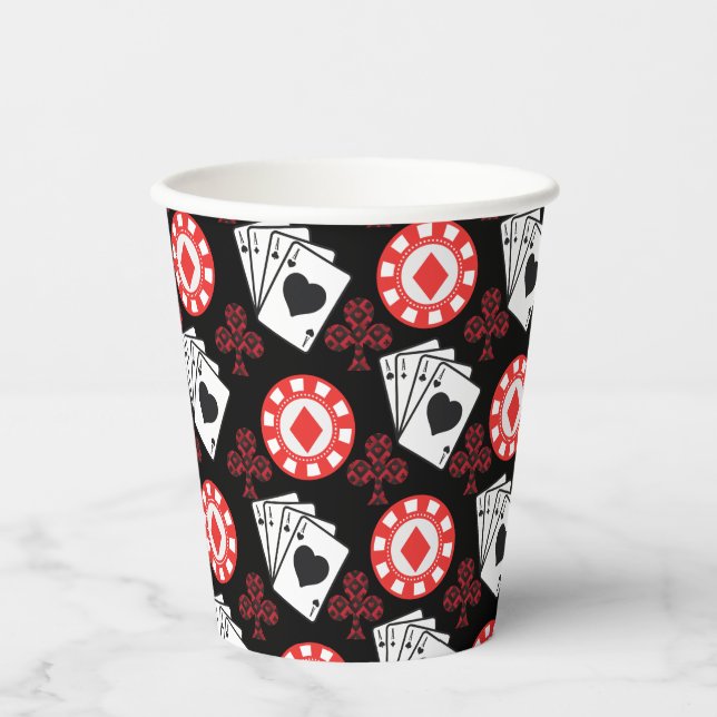 Poker Themed Playing Cards and Red Diamond Pattern Paper Cups (Front)