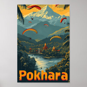 Pokhara Nepal Vintage Art Travel Illustration Poster