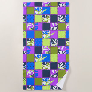 Pokii Hawaiian Floral and Dot Patchwork Purple Beach Towel