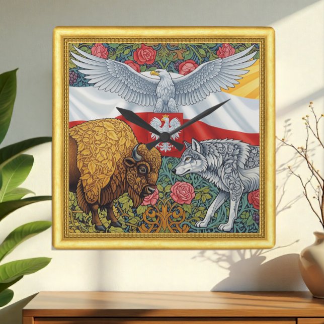 Poland, Bison, Wolf, Polish Eagle, Art Nouveau Square Wall Clock (Creator Uploaded)