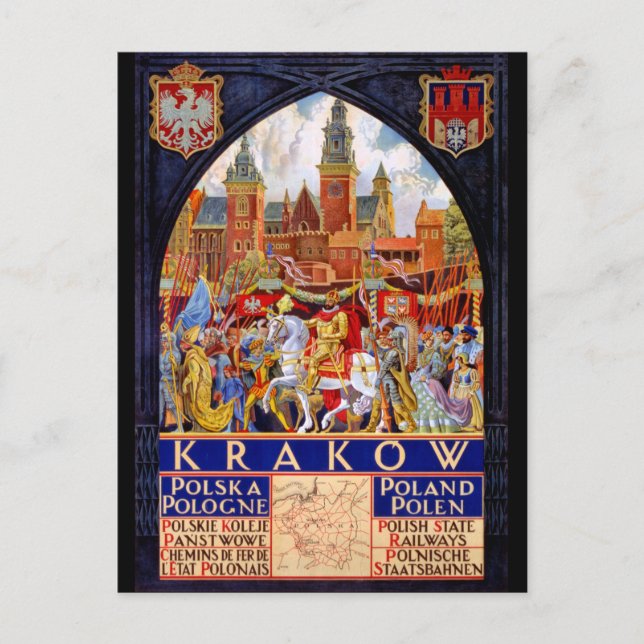 Poland Krakow Vintage Travel Poster Restored Postcard (Front)