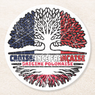 Poland Polish French France Tree Roots Flag Round Paper Coaster