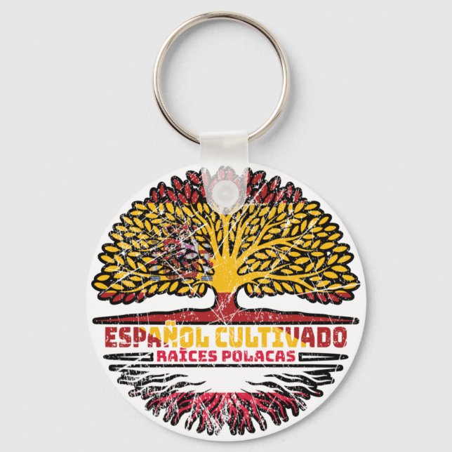 Poland Polish Spain Spanish Tree Roots Flag Key Ring (Front)