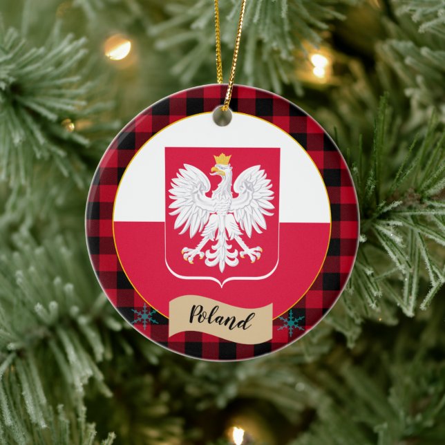 Poland, Red buffalo plaid & Polish Flag Ceramic Tree Decoration (Tree)