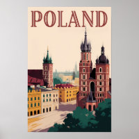 Poland Skyline Illustration Travel Art Vintage