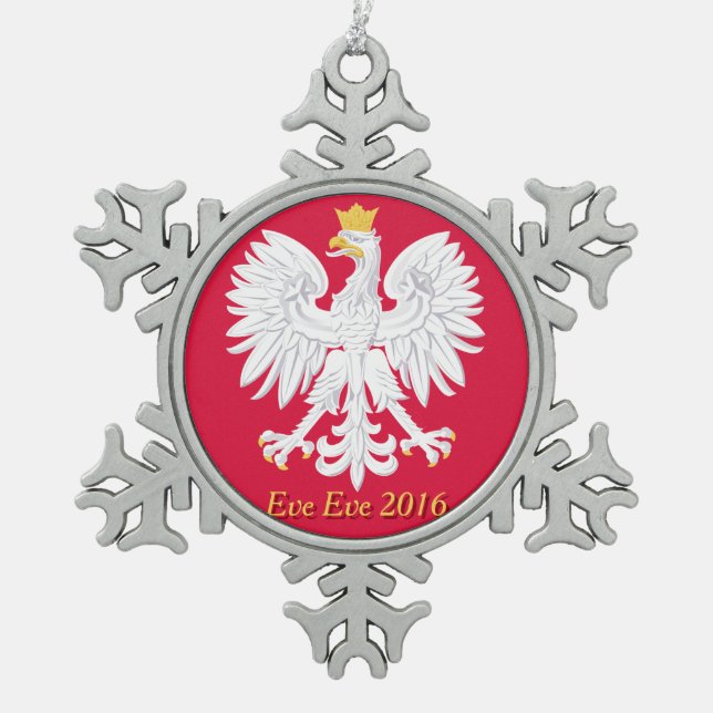 Poland Snowflake Pewter Christmas Ornament (Front)