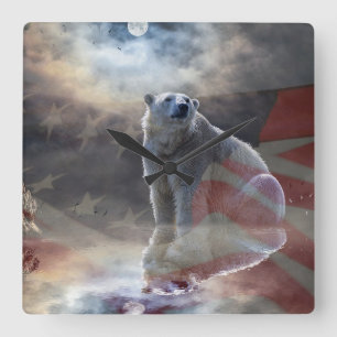 Polar Bear American Flag Square Wall Clock