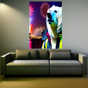 Polar bear and firework in the city AI Art Poster