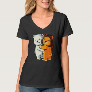 Polar Bear And Lion Cute Animal Hugging Women Gir T-Shirt