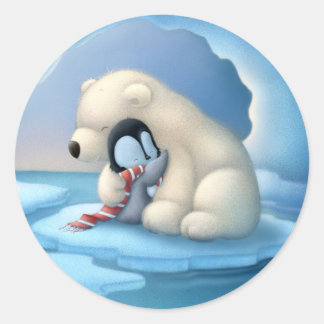 Polar bear and penguin classic round sticker
