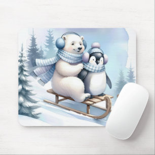 Polar Bear and Penguin On a Sled Mouse Pad