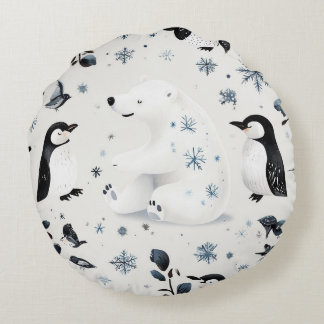 Polar Bear And Penguins_Round Pillow