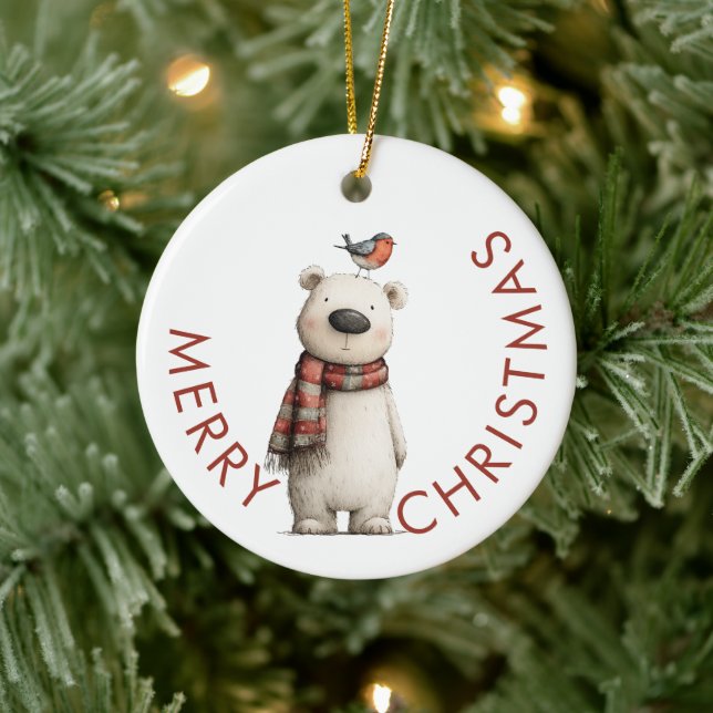 Polar Bear and Robin Merry Christmas Ceramic Tree Decoration (Tree)