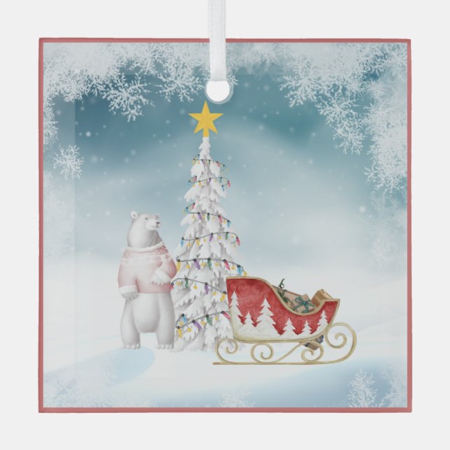 Polar Bear and Sleigh Glass Christmas Ornament (Front)