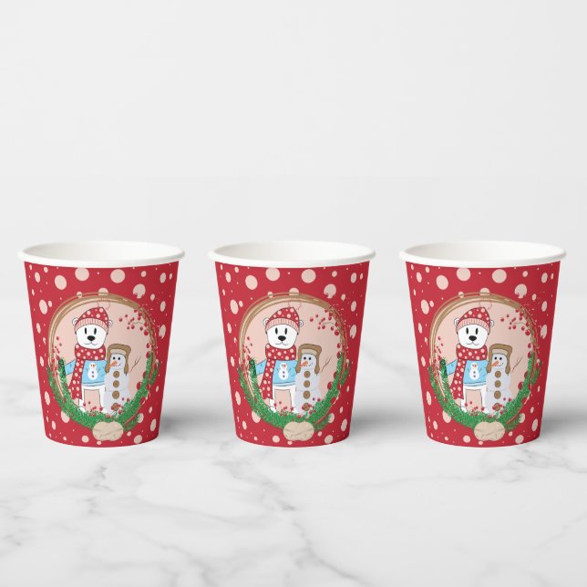 Polar Bear and Snowman Red and Pink Christmas  Paper Cups (Multi)