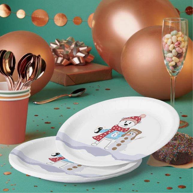 Polar Bear and Snowman White Holiday Paper Plates (Multi)