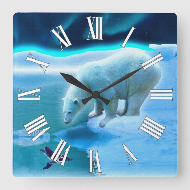 Polar Bear & Arctic Penguin Aurora Art Clock (Front)