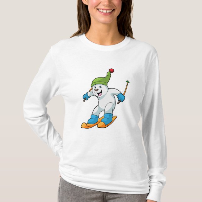 Polar bear as Skier with Ski & Bobble hat T-Shirt (Front)