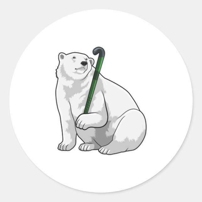 Polar bear at Hockey with Hockey stick Classic Round Sticker (Front)