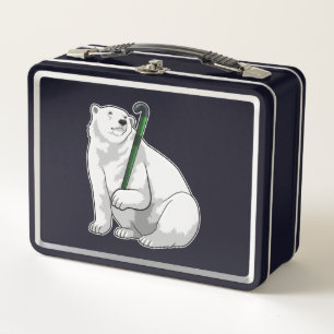 Polar bear at Hockey with Hockey stick Metal Lunch Box