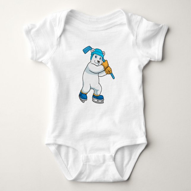 Polar bear at Ice hockey with Ice hockey stick Baby Bodysuit (Front)