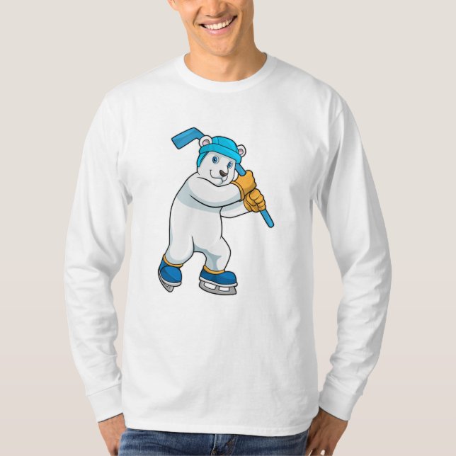 Polar bear at Ice hockey with Ice hockey stick T-Shirt (Front)