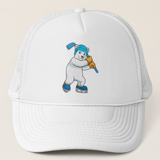 Polar bear at Ice hockey with Ice hockey stick Trucker Hat (Front)