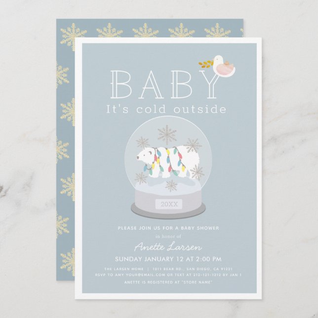 Polar Bear Baby Its Cold Outside Blue Baby Shower Invitation (Front/Back)