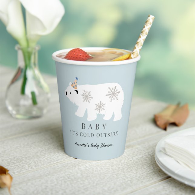 Polar Bear Baby It's Cold Outside Blue Baby Shower Paper Cups (Insitu)