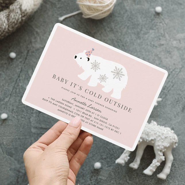 Polar Bear Baby It's Cold Outside Pink Baby Shower Invitation (Creator Uploaded)
