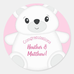 Polar Bear Baby Shower Pink Classic Round Sticker