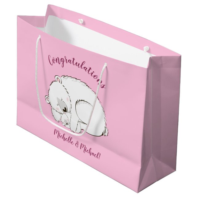 Polar Bear Baby Shower Pink Girl Large Gift Bag (Front Angled)