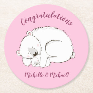 Polar Bear Baby Shower Pink Girl Round Paper Coaster