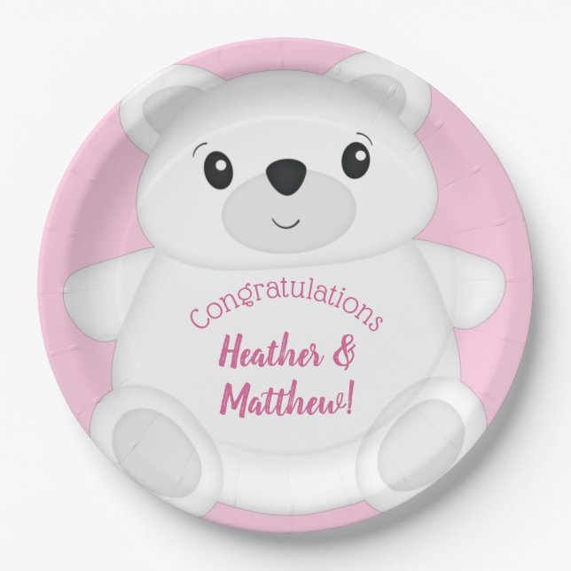 Polar Bear Baby Shower Pink Paper Plate (Front)