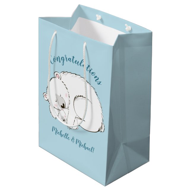Polar Bear Baby Shower Winter Blue Boy Medium Gift Bag (Back Angled)