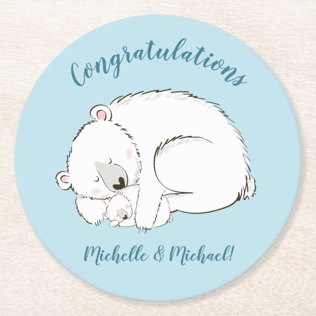 Polar Bear Baby Shower Winter Blue Boy Round Paper Coaster (Front)