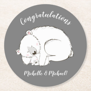 Polar Bear Baby Shower Winter Grey Gender Neutral Round Paper Coaster