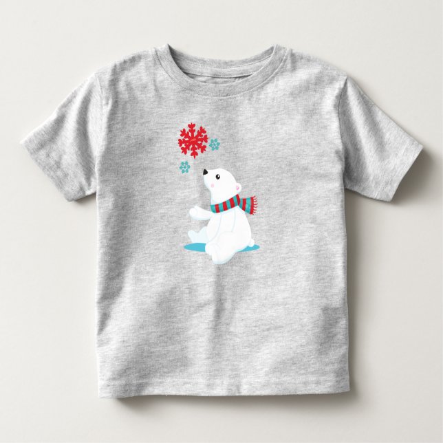 Polar Bear, Bear With Scarf, Cute Bear, Snowflakes Toddler T-Shirt (Front)