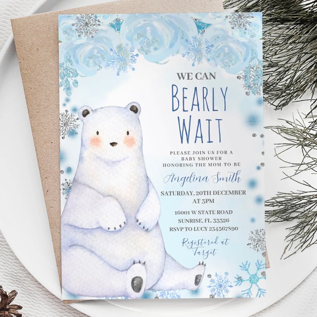 Polar Bear Bearly Wait Mountain Blue Baby Shower Invitation (Creator Uploaded)